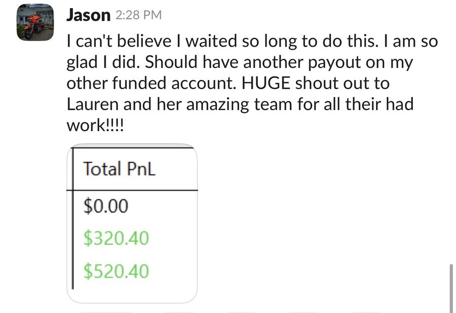 Member message — payout on funded account with Total PnL