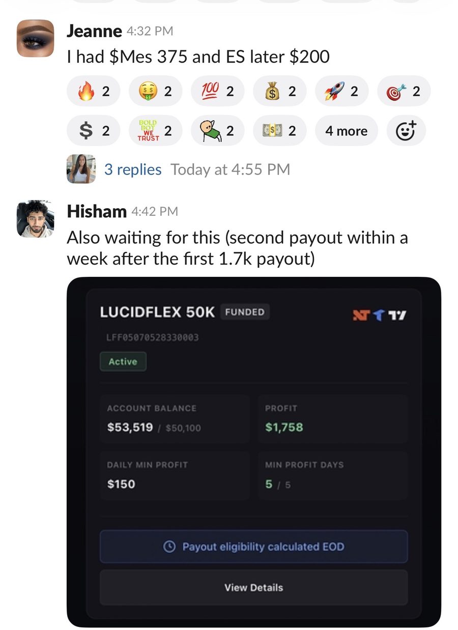 Member messages — SI and ES wins, LucidFlex 50K funded account showing $1,758 profit