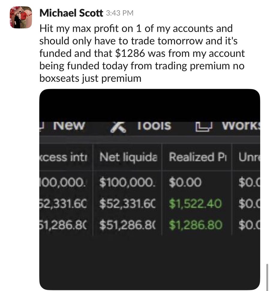 Member message — hit max profit, account funded from trading premium